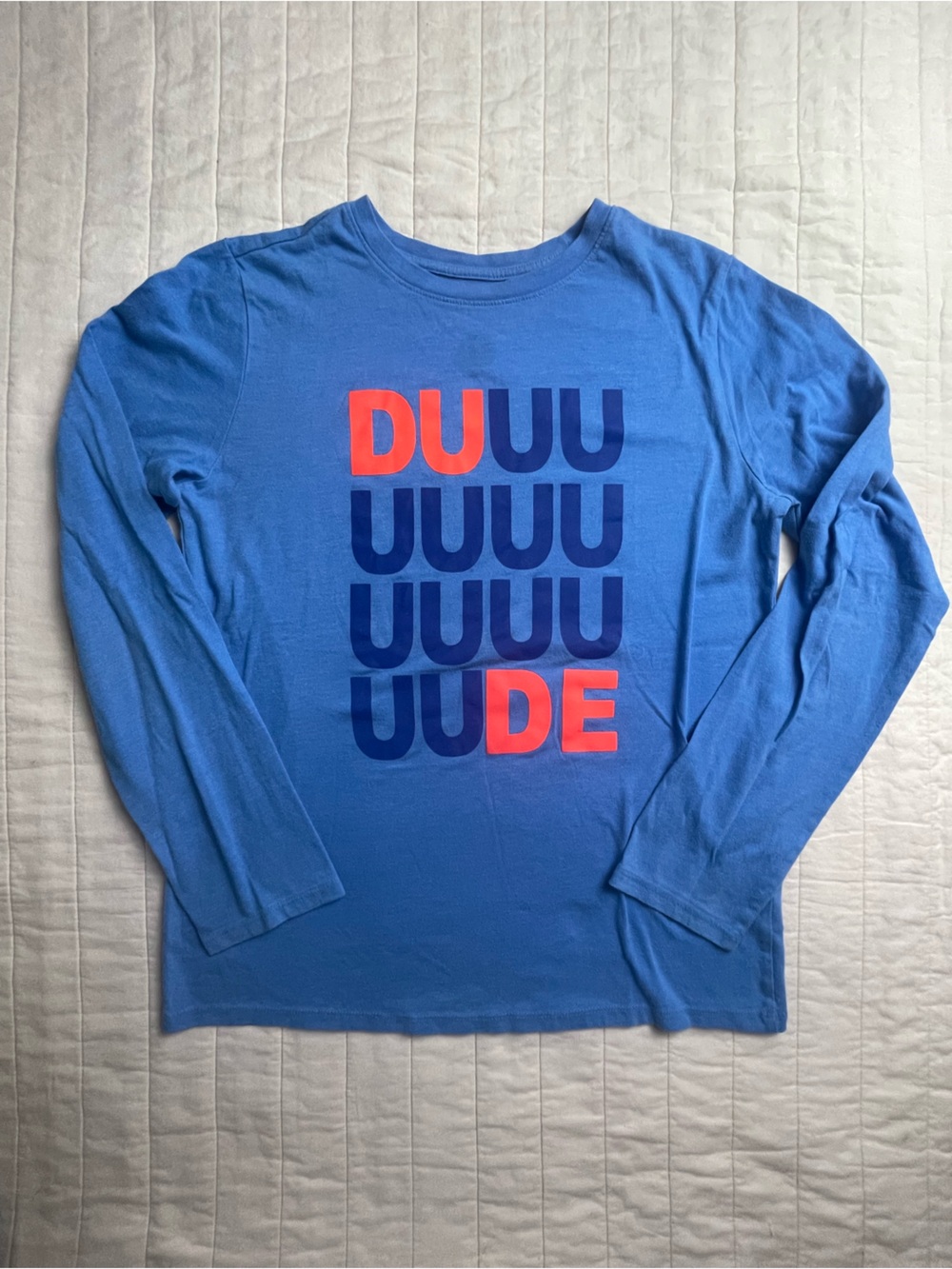 Cat & Jack Blue Long Sleeve Tee with Coral DUDE Logo XL